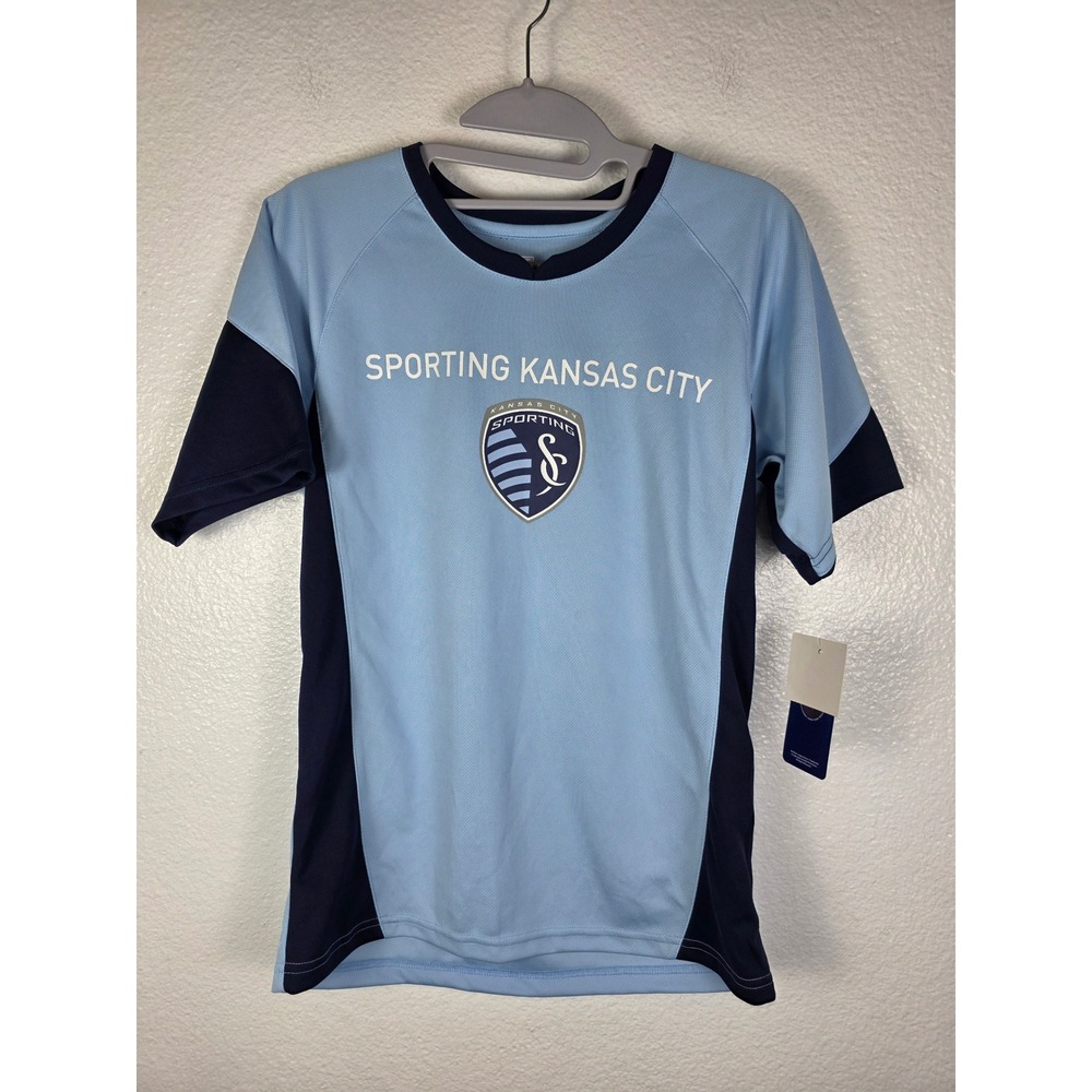 MLS Sporting Kansas City Boys Jersey Light Blue Navy Size L 12/14 96 Graphic